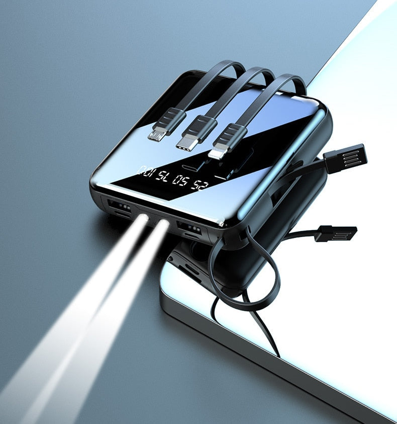 20000mAh Power Bank External Battery Charger Mini Powerbank Built in Cable For iPhone Samsung Huawei Xiaomi Poverbank