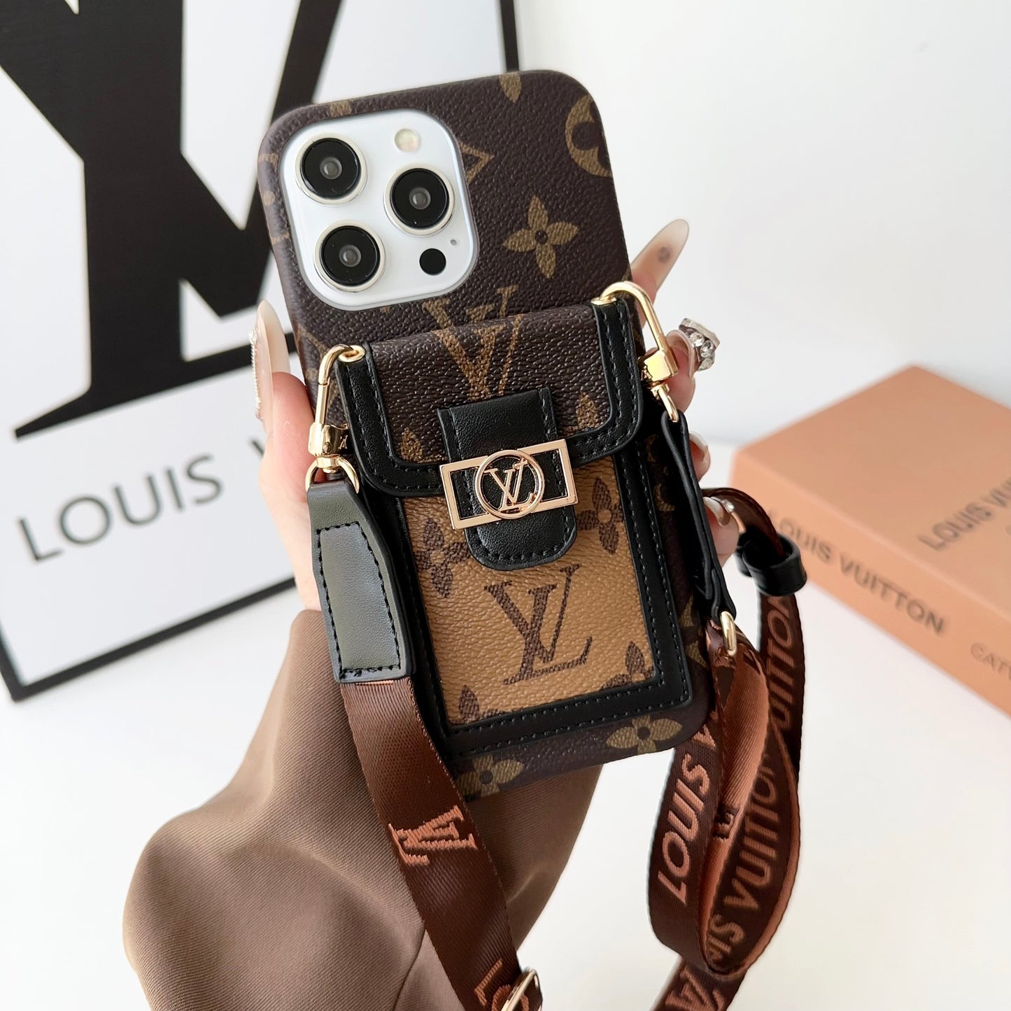 Luxury DAUPHINE LV LEATHER MONOGRAM CROSSBODY IPHONE CASE
