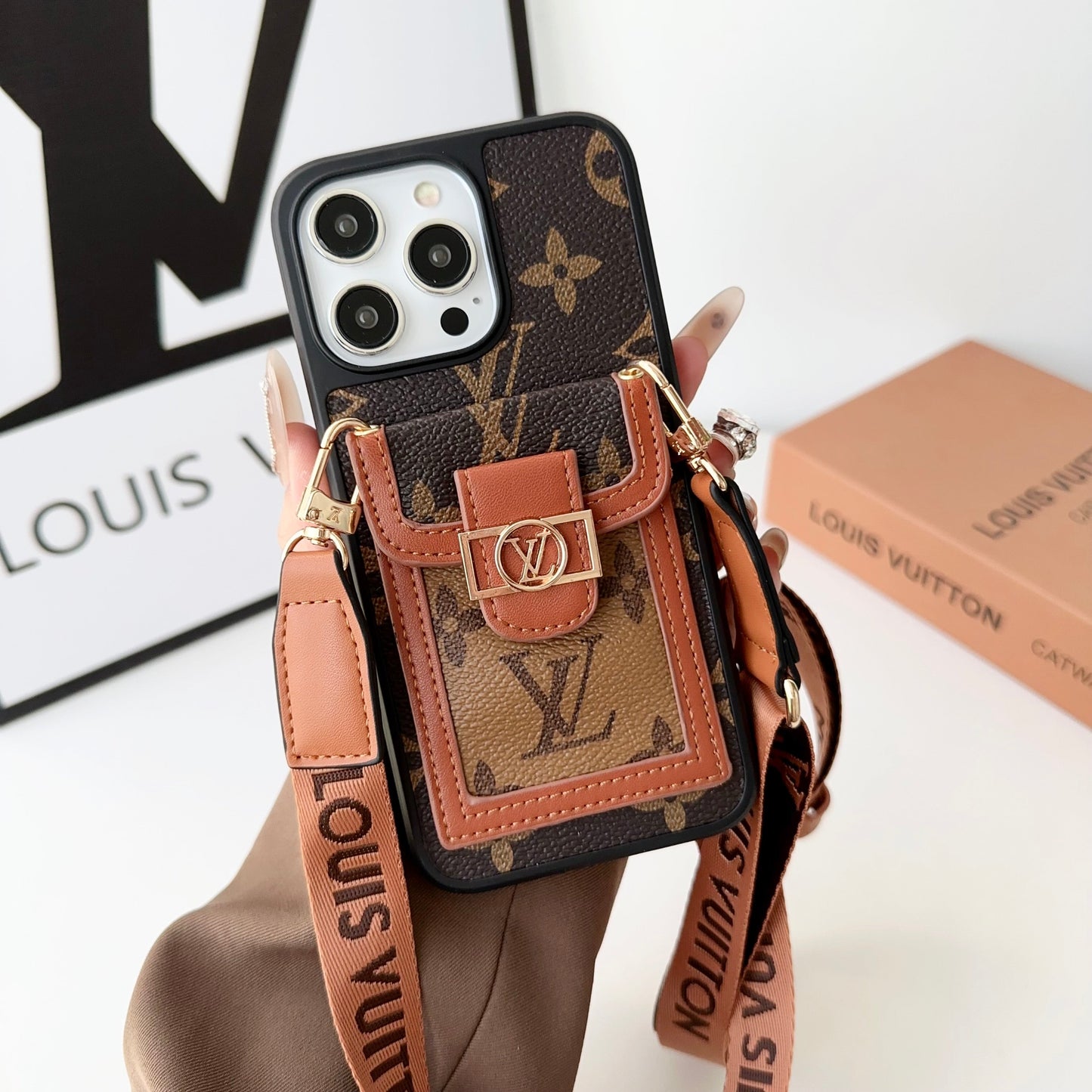 Luxury DAUPHINE LV LEATHER MONOGRAM CROSSBODY IPHONE CASE