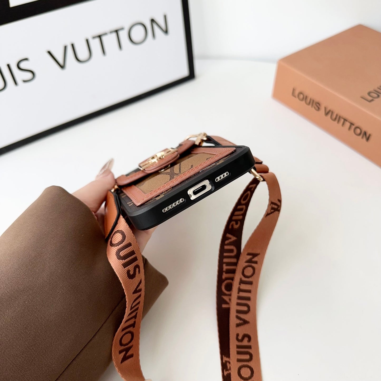 Luxury DAUPHINE LV LEATHER MONOGRAM CROSSBODY IPHONE CASE