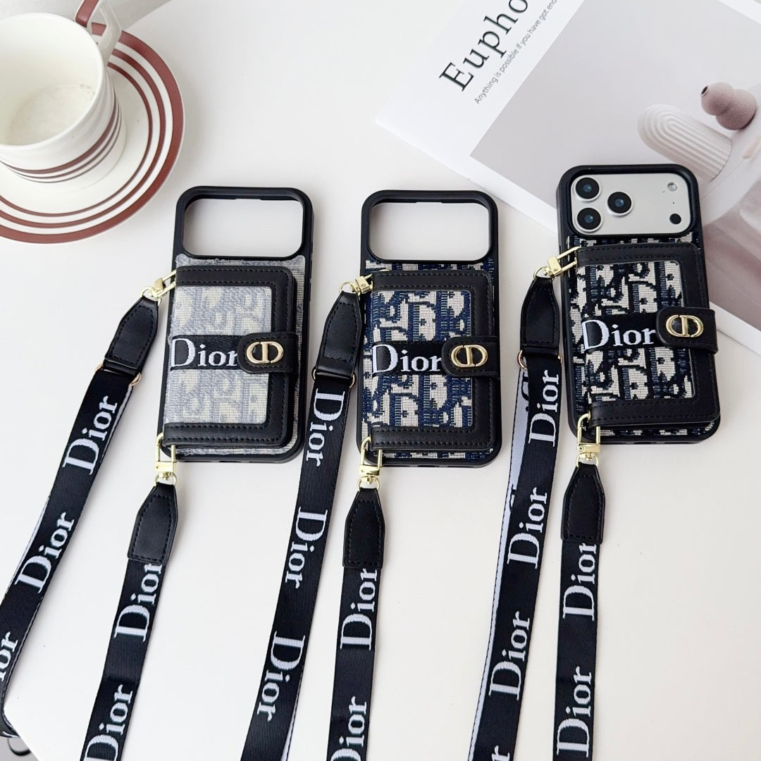 Dior Leather iPhone Case With Card Wallet And Strap For iPhone 17 / 16 / 15 / 14
