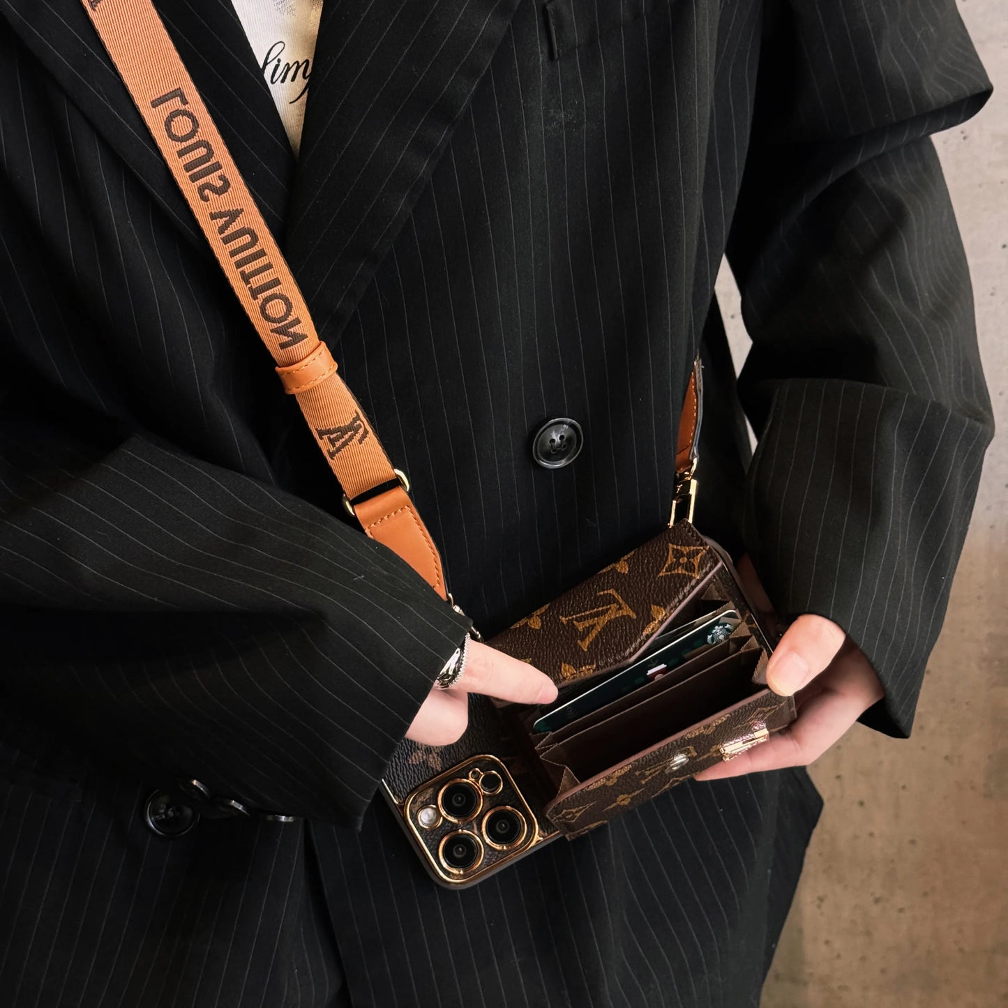 Designer Leather iPhone Case | Wallet + Strap | Brown Inspired