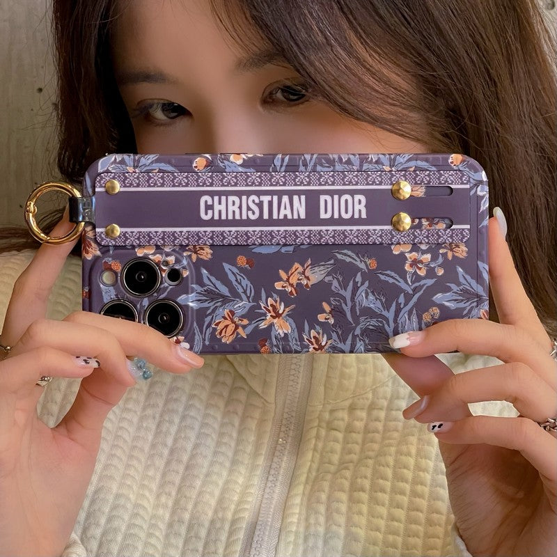 Designer Dior Purple & White iPhone Case With Hand Strap