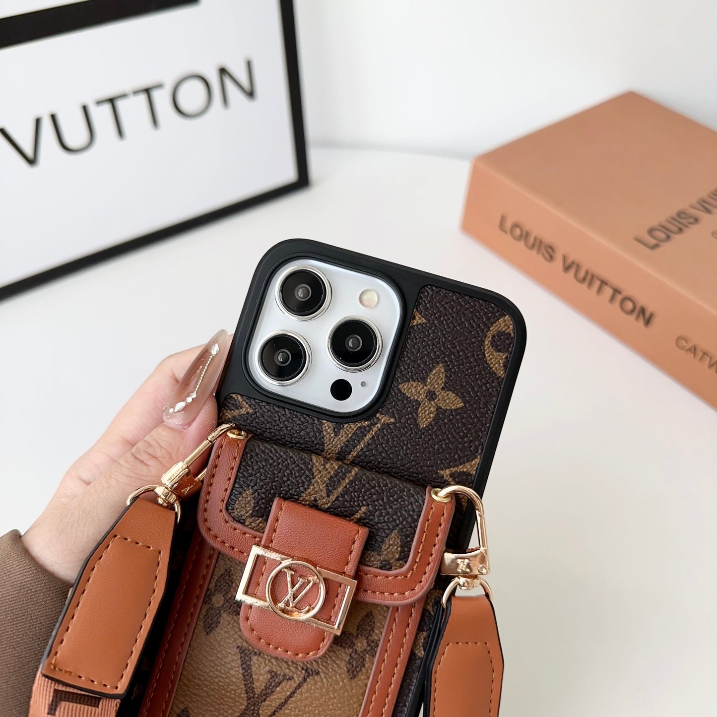 Luxury DAUPHINE LV LEATHER MONOGRAM CROSSBODY IPHONE CASE