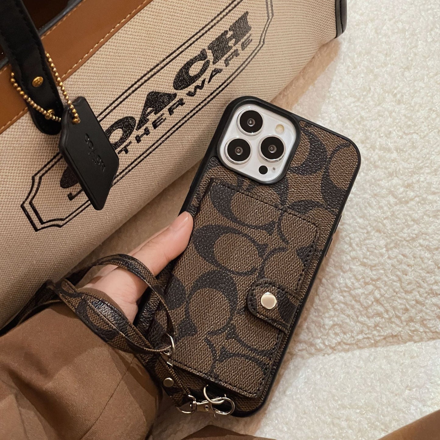 Coach Leather iPhone Case With Card Holder And Strap
