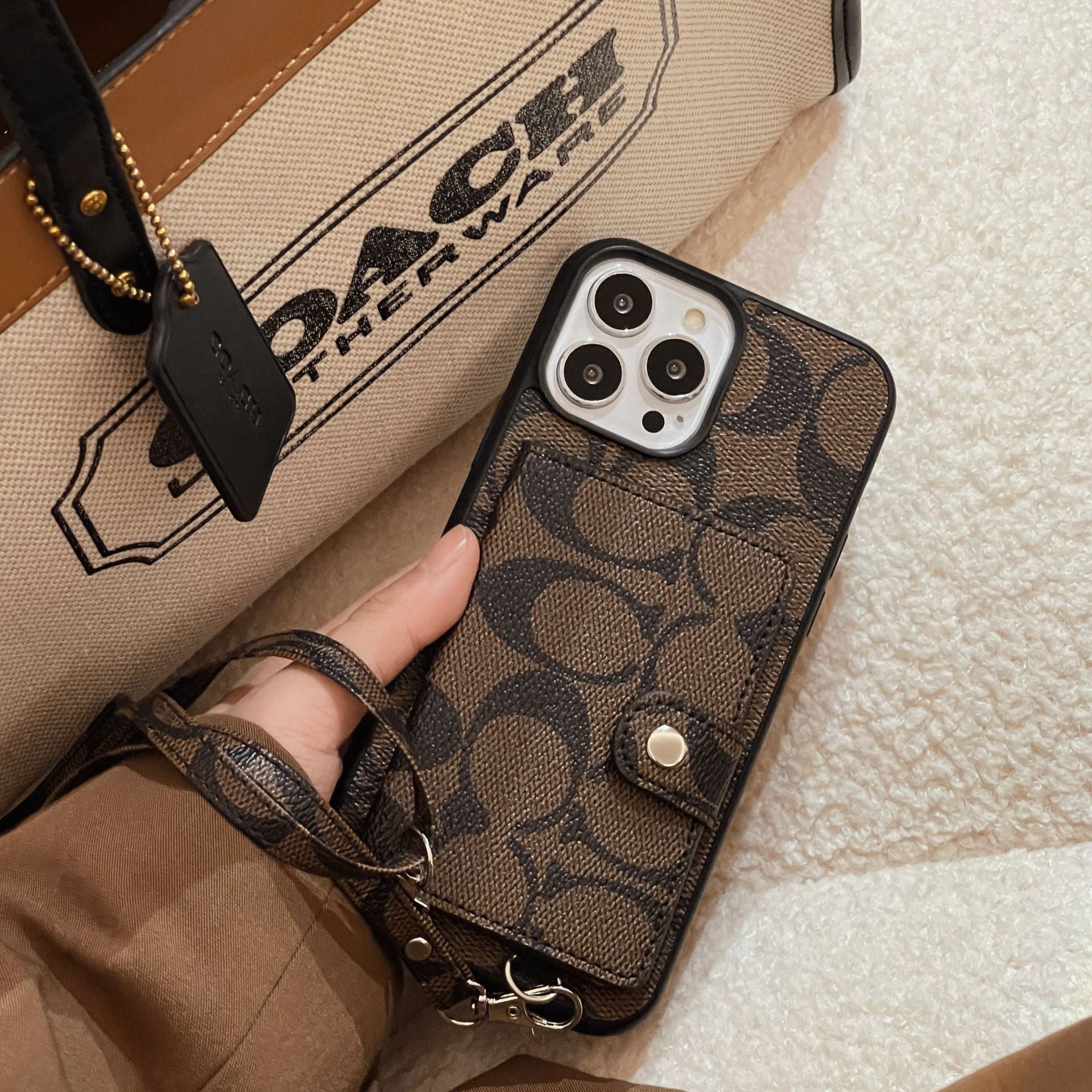 Coach Leather iPhone Case With Card Holder And Strap