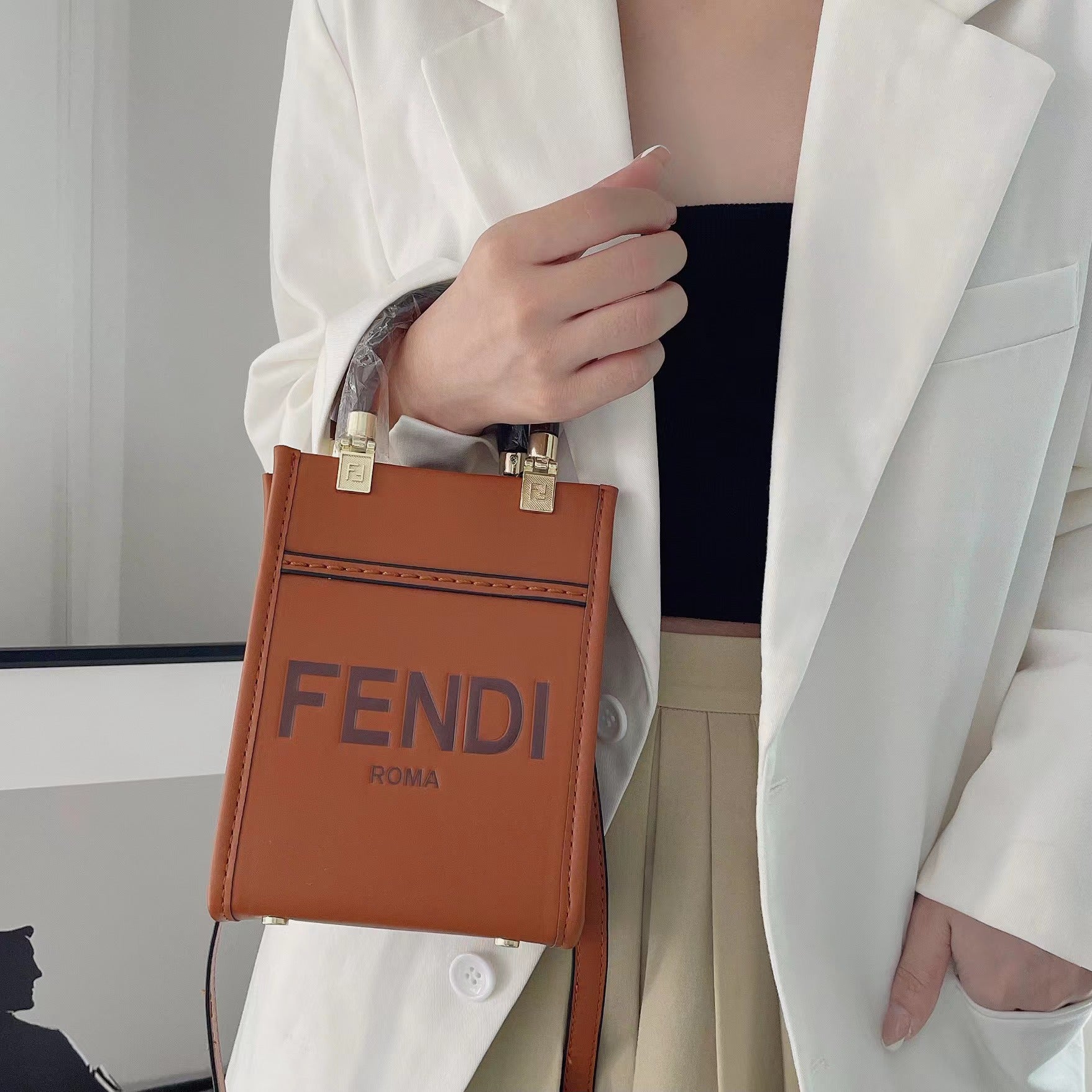 Designer Fendi Tote Bag With Crossbody Strap