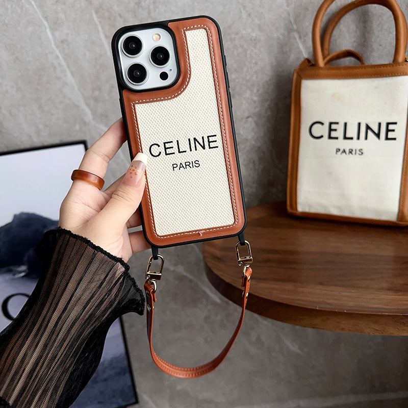 Designer Celine Leather IPhone Case with Wrist Strap