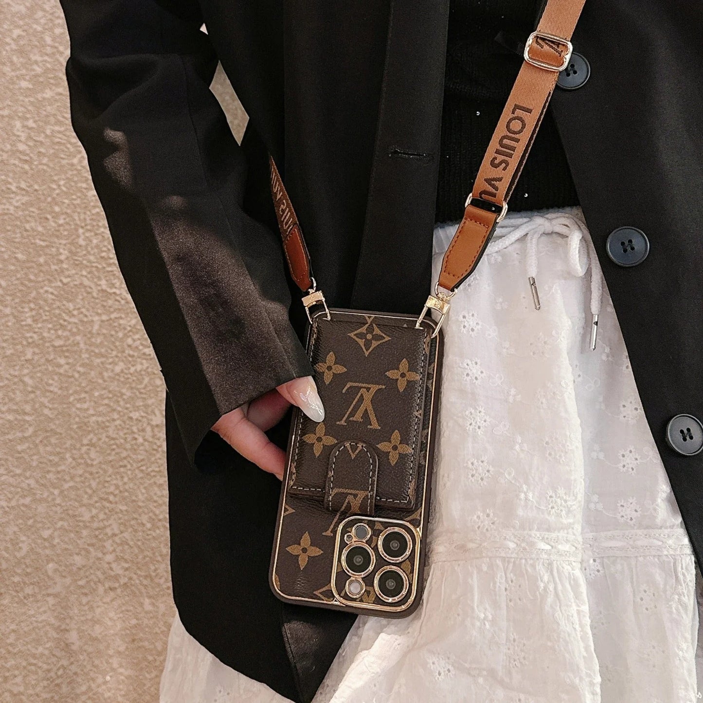 Luxury LV Monogram Crossbody Wallet Phone Case with Card Pocket Strap