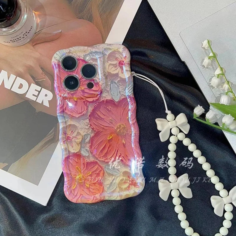 Blue Light Oil Painting Flower Phone Case for iPhone 16 15 14 Proof Anti-knock