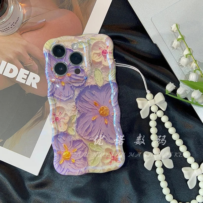 Blue Light Oil Painting Flower Phone Case for iPhone 16 15 14 Proof Anti-knock