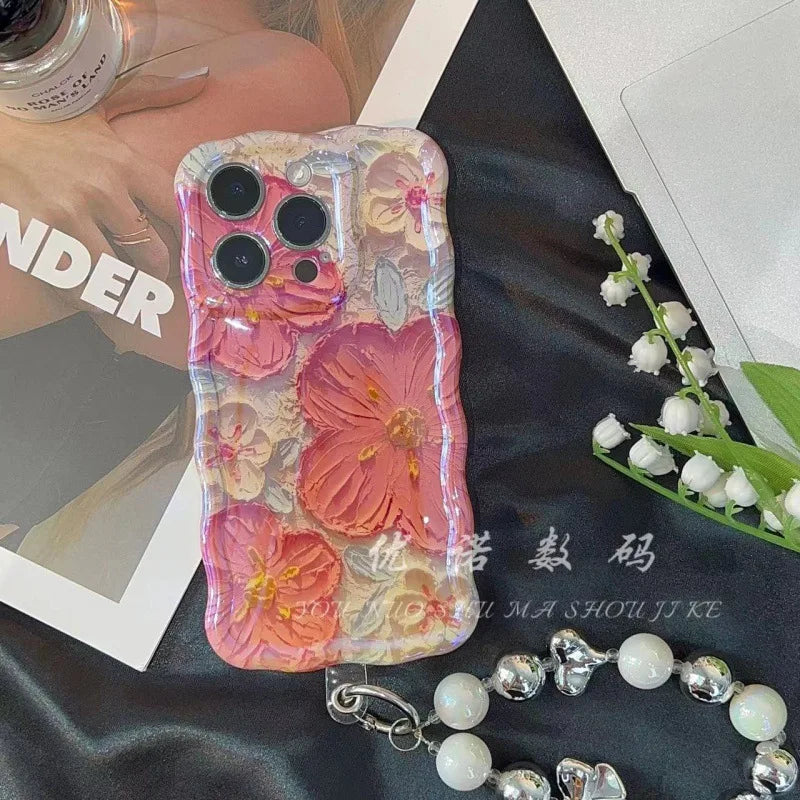 Blue Light Oil Painting Flower Phone Case for iPhone 16 15 14 Proof Anti-knock